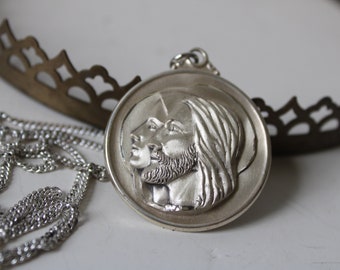 Vintage religious medal Sterling silver necklace Jesus Mary large pendant