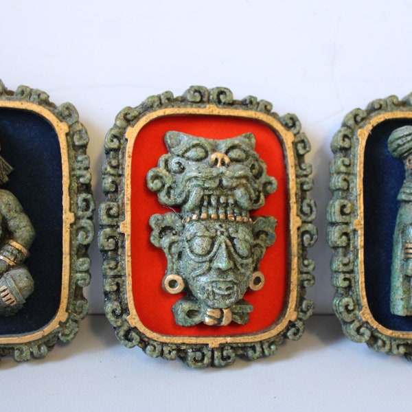 Three vintage Asian wall hangings 3 dimensional Mayan Aztec Indian carved figures set of 3