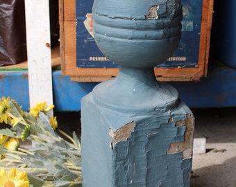 Antique wood post Ball top finial chunky architectural salvage rustic chippy blue