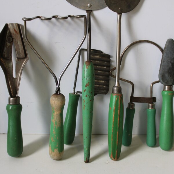 Seven vintage kitchen utensils supplies Green handles Variety primitive rustic display antique supplies farmhouse