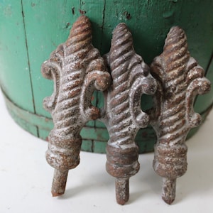 Three Antique fence post finials iron spiral Gothic Garden Home Supplies Architectural salvage weathered