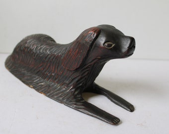 Antique wood carved Dog black forest salvage laying down