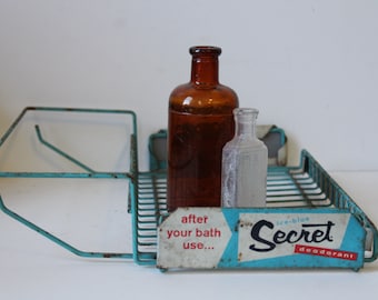 Vintage advertising shelf SECRET drugstore wire tray blue store display under the shelf advertisement