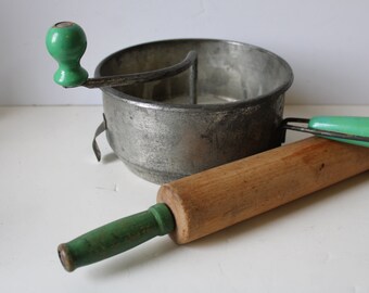 Two vintage kitchen supplies Green handle Masher Sifter & Rolling Pin rustic display antique baking supplies farmhouse