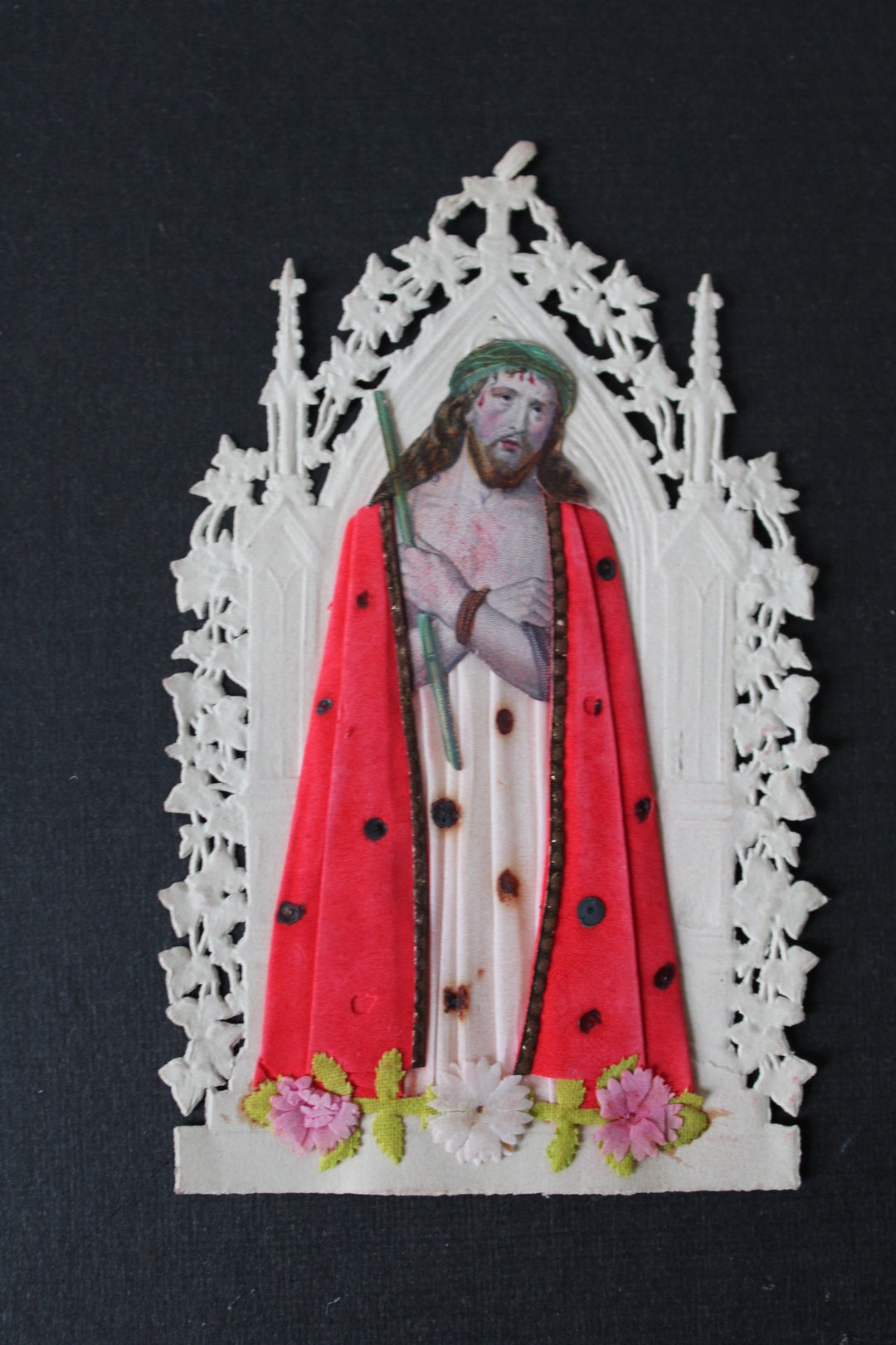 Antique Lace Holy Card Handmade Fabric Religious Prayer Jesus Cathedral ...