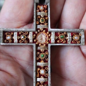 Antique Crucifix pendant w/ Holy Relics inside Cross Reliquary Saints