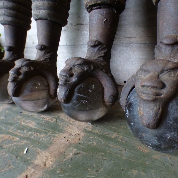 Four antique wood table legs w/ claw foot feet face glass ball Large architectural salvage supplies
