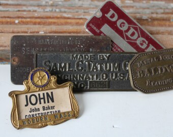 Five vintage antique tags ID plates Name tag machinery industrial plaques found objects junk salvage supplies