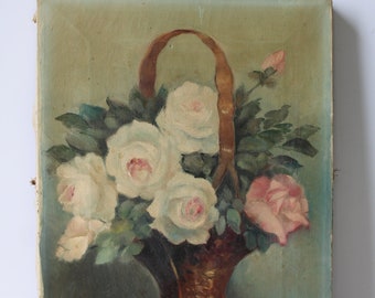 Vintage original oil painting on canvas Floral flower bouquet basket art artwork