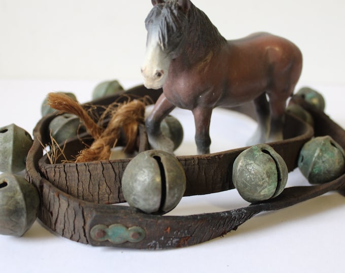 13 Antique Sleigh Bells Harness Leather Strap Jingle Petal Bells Horse Carriage Sled Rustic