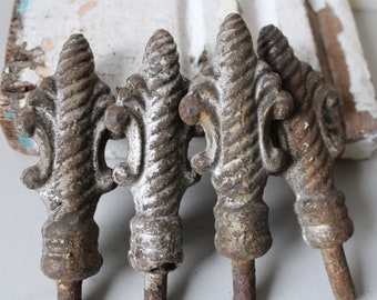 Four Antique fence finials iron Gothic Garden Home Supplies Architectural salvage weathered fragments parts spiral