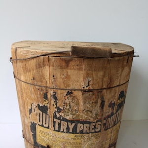Large vintage wood bucket Poultry Prescription feed antique primitive Farm pail farming banded barrel Rustic farmhouse planter storage