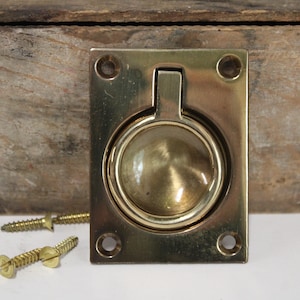 May include: A rectangular polished brass flush pull handle featuring a central circular ring that sits within a recessed plate. The plate has four pre-drilled screw holes at the corners, and two matching brass screws are positioned nearby.