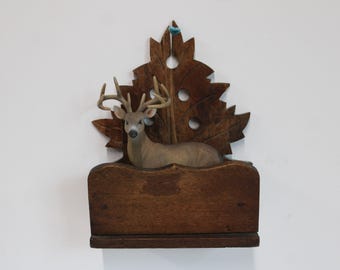 Antique Wood wall pocket bin carved Leaf decorative storage primitive rustic display