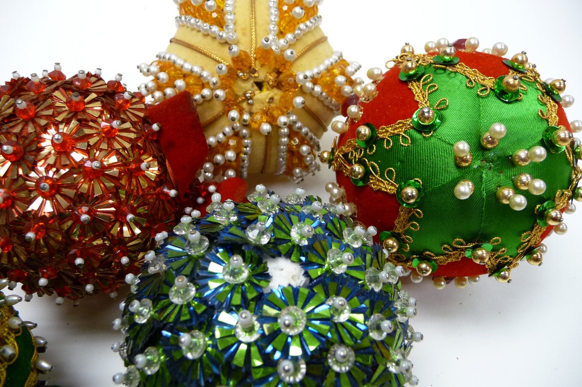 Five Ornaments Christmas Push pin sequins beads handmade Etsy