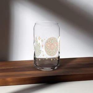 Astrology Glass Cup with Holistic Wellness Design – Zodiac, Crystals, Moon Phases & Eye Symbols | Iced Coffee Glass | Spiritual Gift for Her