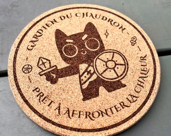 Cork trivet - rustic engraved trivet - Noireau the guardian of the cauldron!