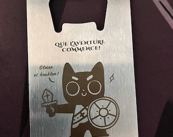Engraved metal bottle opener, Noireau the cat | Customizable stainless steel bottle opener | Unique gift made in Quebec