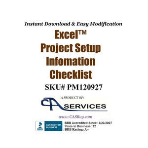 Puede incluir: Un documento blanco con el texto "Excel Project Setup Information Checklist". El documento incluye el número de SKU PM120927, el logotipo de CAS Services y la información de acreditación de BBB.