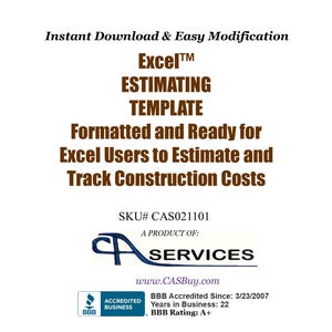 Puede incluir: Fondo blanco con texto que promociona una plantilla de estimación de Excel. El texto dice "Descarga instantánea y modificación fácil" y "Plantilla de estimación de Excel". Diseñado para estimar y realizar el seguimiento de los costes de construcción. Incluye logotipo y acreditación BBB.