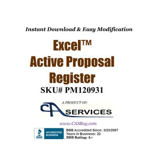 May include: A white background with the text "Instant Download & Easy Modification" above the title "Excel Active Proposal Register." The SKU is PM120931. The product is from A Services, with BBB accreditation.