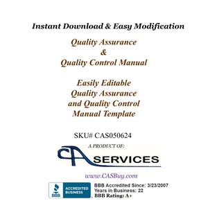 Puede incluir: Un documento titulado "Quality Assurance & Quality Control Manual" con el texto "Descarga instantánea y modificación fácil". El documento es una plantilla, fácilmente editable, e incluye el SKU# CAS050624.