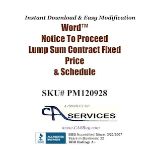 Może przedstawiać: Biały dokument z tekstem "Instant Download & Easy Modification" i "Word". Zawiera "Notice To Proceed" i "Lump Sum Contract Fixed Price & Schedule". Numer SKU to PM120928.