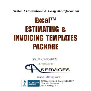 Puede incluir: Documento blanco con el texto "Descarga instantánea y modificación fácil" y "Excel PLANTILLAS DE ESTIMACIÓN Y FACTURACIÓN PAQUETE". Incluye el SKU# CAS060423 y el logotipo de CAS Services.