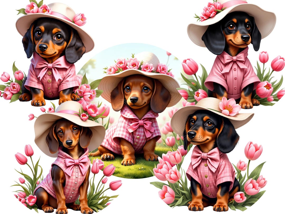Dachshund In Tulips Pets Puppy Black Wiener Sausage Short