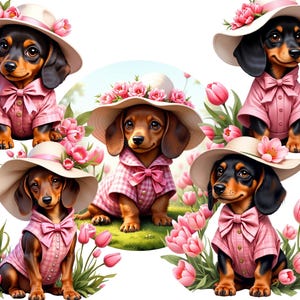 Dackel, Tulpen rosa Blumen Clipart, Baby Dackel, Welpen Aufkleber, Hundecliparts, Welpen Becherdesigns, Sublimation, Print on Nachfrage