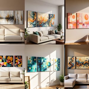 Puede incluir: Una colección de obras de arte abstractas enmarcadas expuestas sobre sofás en un salón moderno. Las obras de arte presentan varias paletas de colores y estilos, incluyendo acuarelas y diseños geométricos. El arte está enmarcado y añade un toque decorativo a la habitación.