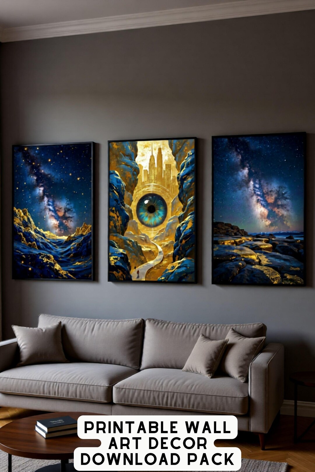 Surreal Wall Art Set of 3, Cosmic Eye, Fantasy Landscape, Blue Gold ...