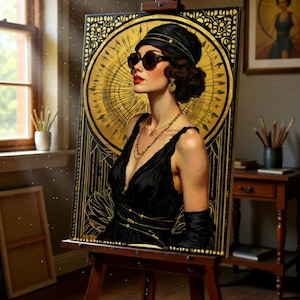 May include: An artwork on an easel depicts a woman in a black dress, sunglasses, and a head wrap. The painting has a gold and black art deco design. The scene is set in a room with a window and a small table.