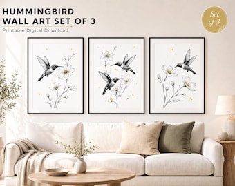 Hummingbird Wall Art, Botanical Line Prints, Minimalist Floral Download (Set of 3)