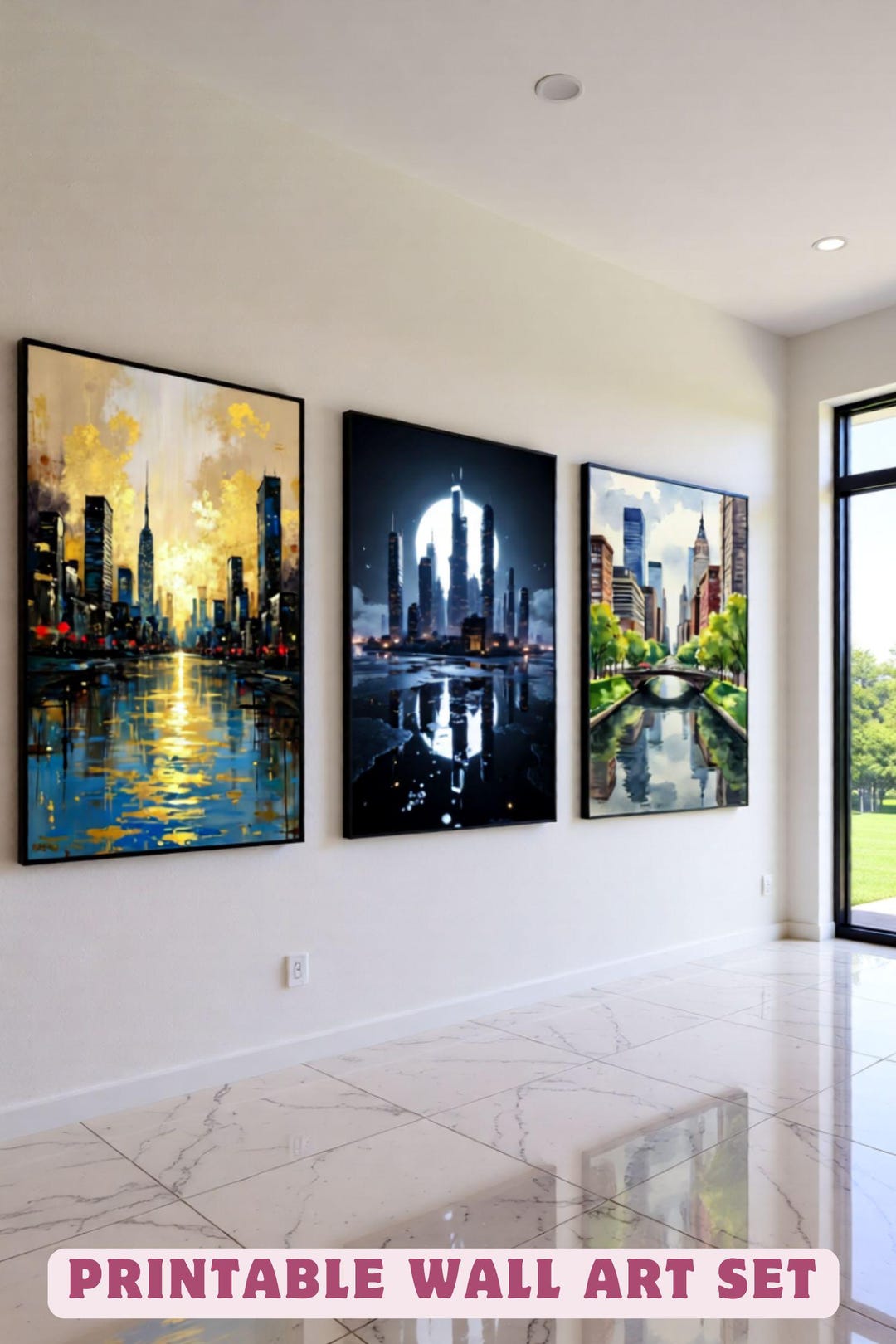 5 City Skyline Wall Art Set of 5, Printable Modern Urban Decor ...