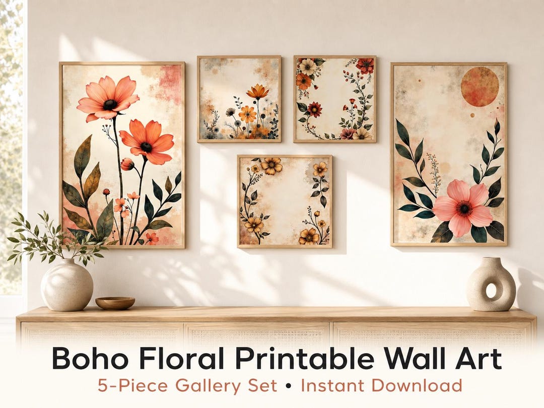 Boho Floral Printable Wall Art Set of 5, Neutral Botanical Gallery Wall ...