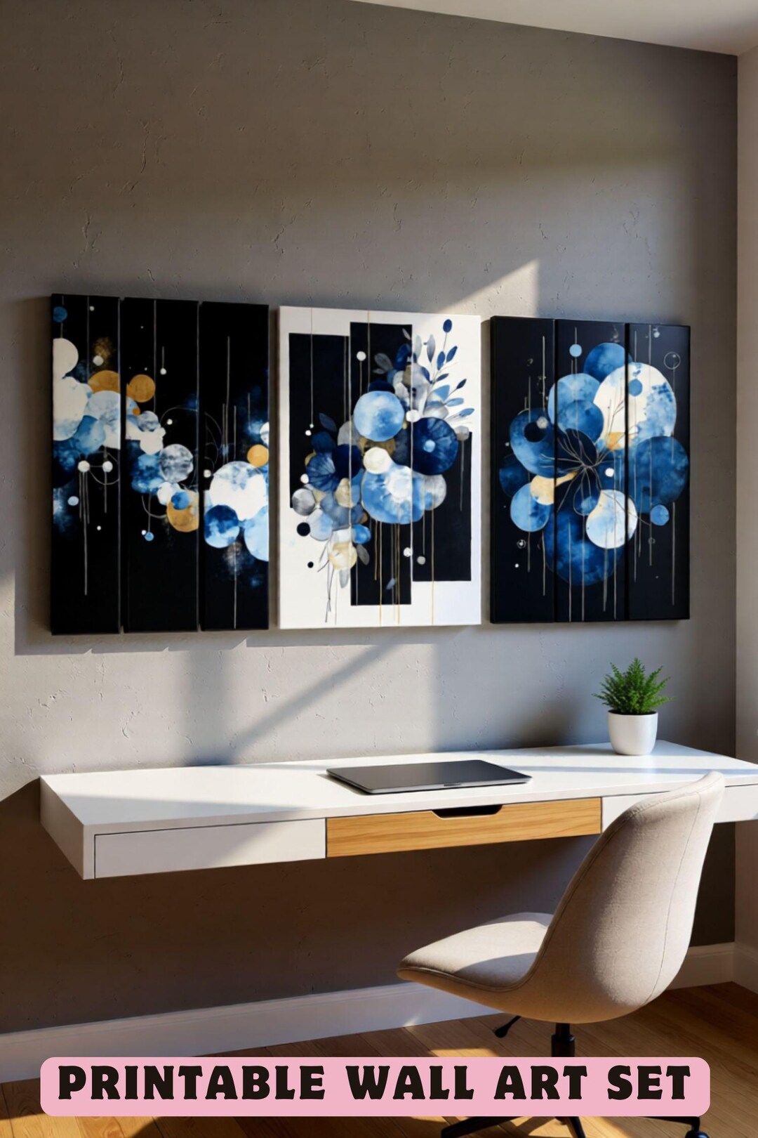 3 Blue Abstract Floral Wall Art Set, Watercolor Botanical Triptych ...