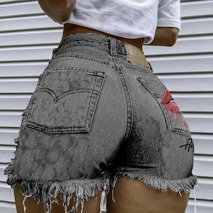 Shorts vaqueros rotos de moda para mujer: shorts vaqueros desgastados de cintura media en negro y azul claro, ropa urbana de verano (S-3XL)
