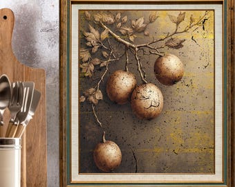 Impresión artística de naturaleza muerta con frutas vintage / Decoración de cocina de estilo rústico.