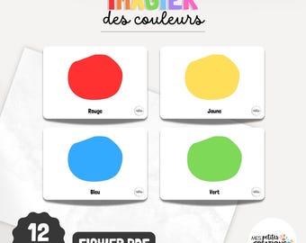 May include: A set of 12 flashcards featuring different colors in French. The colors include red, yellow, blue, and green. The cards are designed for children learning French.