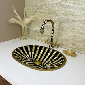 Decorative Brass Bathroom Sink with Bone & Bone – Handmade Oval Wash Basin – Drop-In Oval Vanity Sink – Artisan Metal Bathroom Basin