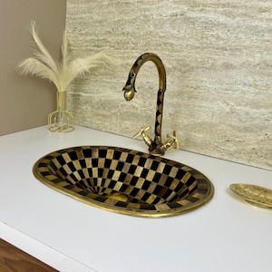Handmade Brass Drop-In Sink with Bone & Wood Inlay – Moroccan Farmhouse Basin – Undermount or Vessel Vanity Sink – Artisan Brass Washbasin