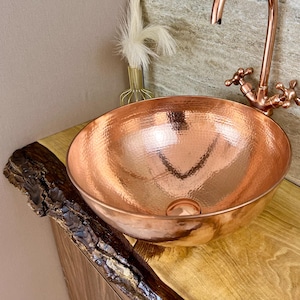 Hammered Copper Vessel Sink - Handmade Copper Bathroom Sink Vanity - Counter Top Wash Basin - Brass Copper Basin with Sink Faucet Set