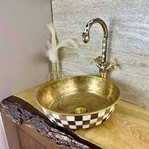 Custom Made Brass Basin - Black Resin and Wood Sink - Handcrafted Farmhouse Sink - Moroccan Sink - Brass Vessel Sink Vanity with Faucet