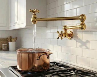 Unlacquered Brass Pot Filler – Solid Brass Wall-Mount Kitchen Faucet for Stove, Pasta, & Vintage Kitchens