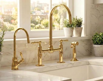 Unlacquered Brass Bridge Kitchen Faucet, Gooseneck Spout, Side Sprayer