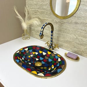 Handmade Colourful Brass Vessel Sink with Resin & Wood Inlay – Oval Bathroom Vanity Basin – Moroccan Farmhouse Decorative Drop-In Metal Sink