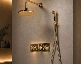 Sistema de ducha de latón sin lacar: cabezal de ducha tipo lluvia con rociador de mano, grifería de baño de alta presión para montaje en pared, conjunto de ducha de latón.