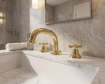 Unlacquered Brass Bathroom Sink Faucet - Deck Mount 3-Hole Widespread Faucet For Vanity