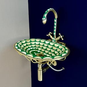 Unlacquered Brass Bathroom Sink Faucet – Vintage Aged Brass Vanity Tap with Green Resin & Bone – Handmade Brass Sink Fixture Wall Mounted